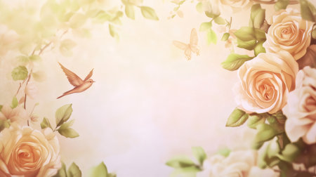 Lush garden with blooming roses, a flying bird and a butterfly, ideal for wedding cards or romantic occasionsの素材