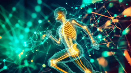 Futuristic medical illustration showing transparent runner with highlighted skeleton and muscles, sprinting on abstract backgroundの素材