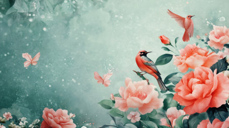 Beautiful lush garden with birds and butterflies flying around blooming rosesの素材