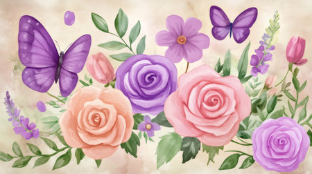 Watercolor painting featuring a vibrant array of roses, lavender, and butterflies, evoking a romantic and lush garden settingの素材