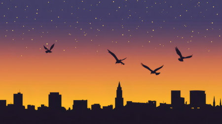 City skyline with birds flying under a starry sky and vibrant sunset colorsの素材