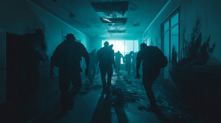 Silhouettes of undead creatures walking down the hallway of a derelict hospital, creating a spooky and thrilling atmosphereの素材