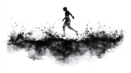 Silhouette of an athlete running over a black watercolor splash on white background, concept of sport and freedomの素材