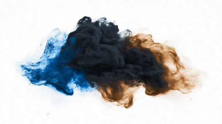 Blue and brown watercolor splash creating abstract shapes on a white background, perfect for artistic and creative projectsの素材