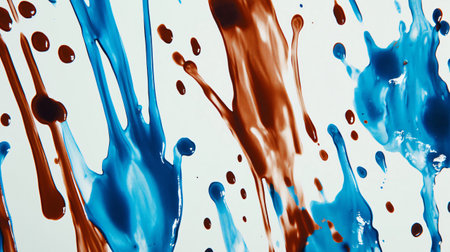 Dynamic splashes and splatters of blue and brown watercolor paint create a vibrant abstract design on a clean white backgroundの素材