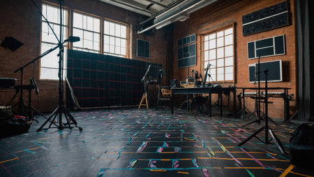 A spacious studio with large windows allows natural light to illuminate the room. Colorful tape decorates the floor while various musical and recording equipment are arranged in an organized manner.の素材