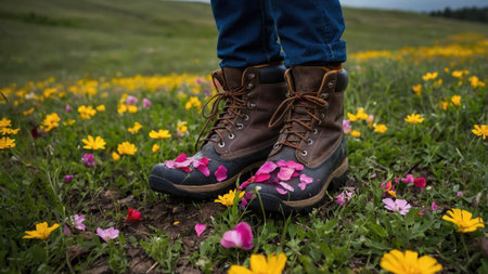 Brightly colored flowers surround sturdy boots worn by a person standing in a vibrant field. The sun shines down on the scenic landscape, creating a cheerful atmosphere.の素材