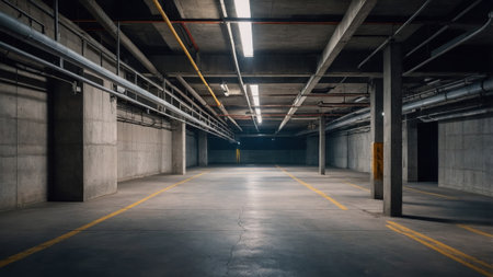 Industrial underground parking garage with exposed concrete walls, pillars, pipeline and fluorescent lightingの素材