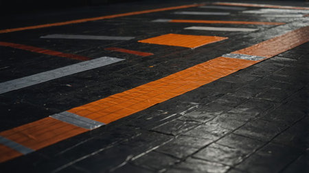 A close-up view of colorful geometric patterns painted on a black asphalt surface in an urban setting. Vibrant oranges, whites, and blacks create a unique visual experience.の素材