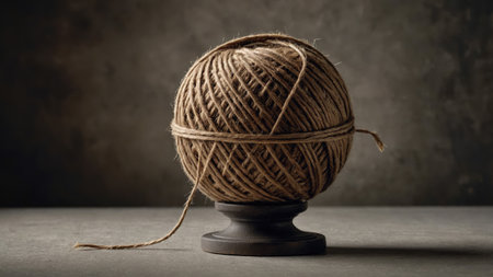 Simple ball of twine on a wooden pedestal, representing traditional crafts and natural materialsの素材