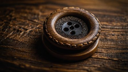 Large vintage wooden button with four holes resting on a dark wooden surfaceの素材