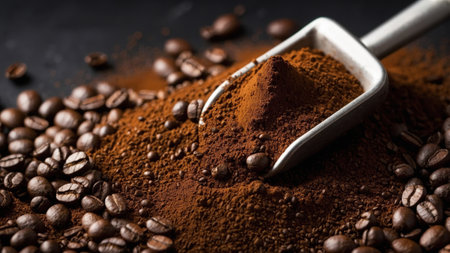 Close up of a metal scoop picking up ground coffee, surrounded by roasted coffee beans, creating a rich and aromatic sceneの素材