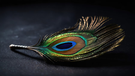 Single peacock feather lies on a dark surface, showcasing its vibrant iridescent colors and delicate structureの素材
