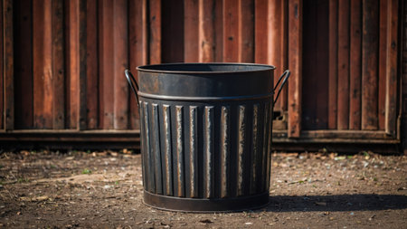 Empty rustic metal trash can standing on the ground near a wooden fence in a sunny dayの素材