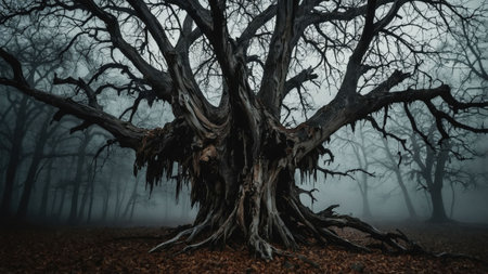 Spooky leafless tree with hanging branches and gnarled trunk growing in foggy forestの素材