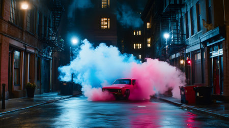 Pink and blue smoke coming out from the exhaust pipe of a red vintage car parked in a dark alley at nightの素材