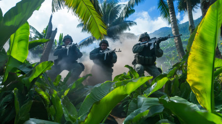 Soldiers aiming their rifles during a military training exercise surrounded by smoke and lush vegetation in a tropical forestの素材