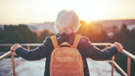 Elderly woman with backpack admiring scenic sunset view at Grand Canyon National Park, Arizona, travel and adventure conceptの素材