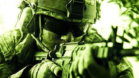 Soldier wearing camouflage uniform and aiming with a rifle during a military training exerciseの素材