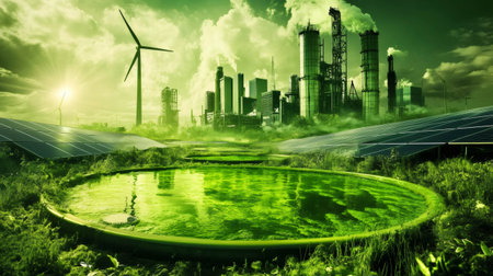 Green algae biofuel production plant powered by solar panels and wind turbines, promoting sustainable energy and reducing carbon footprintの素材
