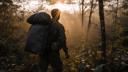 Soldier walking in forest at sunrise carrying backpack during military training exerciseの素材