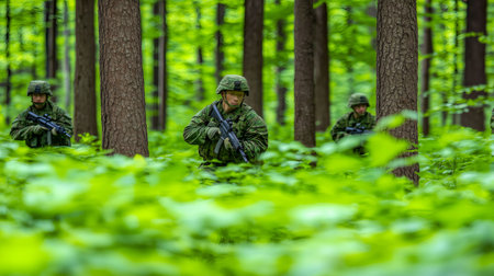 Soldiers navigating through lush vegetation during a military training exercise in a dense forestの素材