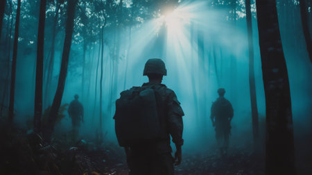 Soldiers patrolling in a misty forest during a military training exerciseの素材