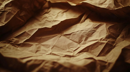 Close up view of crumpled brown paper, highlighting its texture and foldsの素材