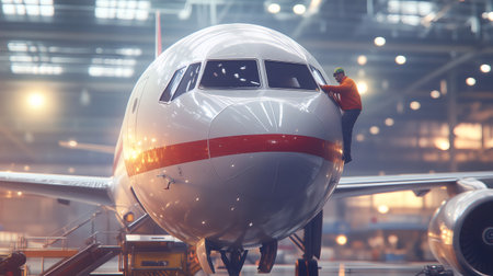 Aircraft maintenance engineer is inspecting the cockpit windshield of a passenger airplane inside a hangarの素材