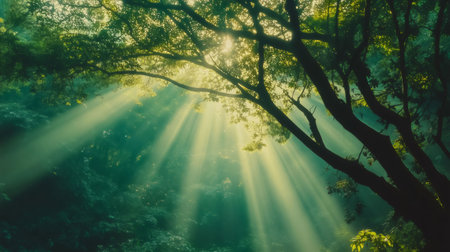 Sun rays shining through trees in a misty forest, creating a magical atmosphereの素材