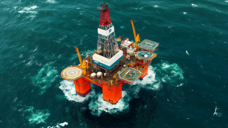 Aerial view of an offshore oil rig extracting petroleum in the middle of the oceanの素材