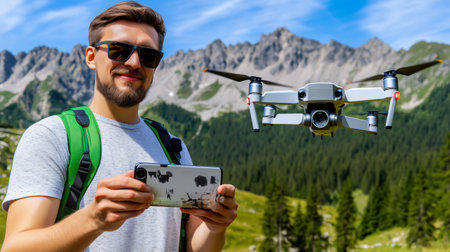 Travel influencer is piloting a drone to get aerial footage of a beautiful mountain viewの素材