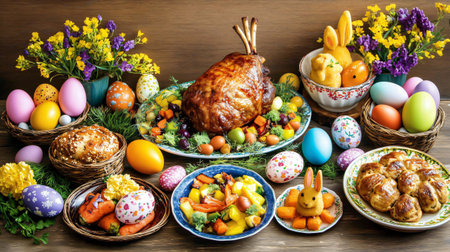 Traditional easter dinner table beautifully arranged with a roasted leg of lamb as centerpiece, surrounded by colorful eggs, spring flowers, bread and bunny decorationsの素材