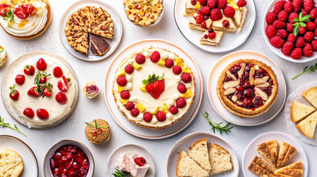 Top down view of a variety of delicious vegan cakes and tarts decorated with fresh fruit, perfect for a celebratory dessertの素材