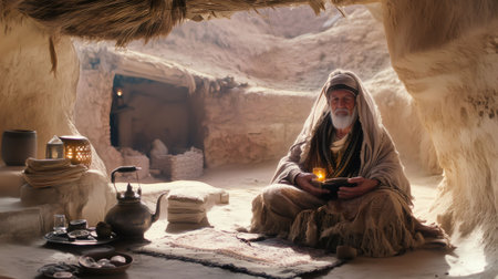Elderly man sits peacefully in his simple desert cave home, illuminated by the warm glow of a candle as he reads a bookの素材