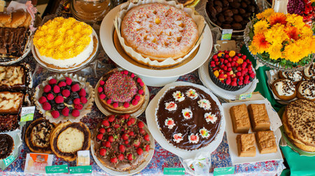 Top down view of many different vegan cakes and pastries for sale on a patterned tableclothの素材
