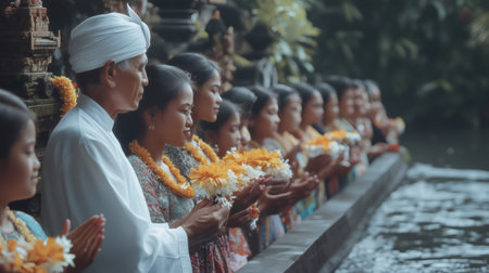 Group of Balinese people attending a Melukat water purification ceremony at Tirta Empul Temple in Bali, Indonesiaの素材