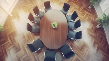 Modern office space featuring an oval conference table with chairs, suitable for business meetings and discussionsの素材