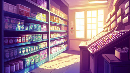 Illustration of a candy store with sunlight shining through the windowsの素材