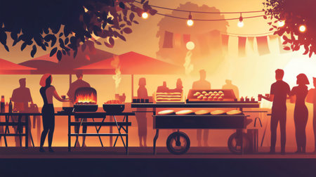 People are gathering around food stalls and barbecues at a party in the warm light of the setting sunの素材