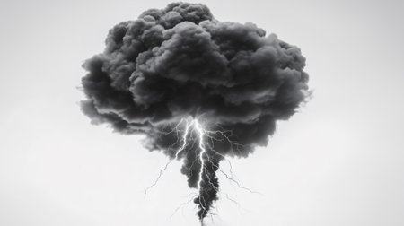 Lightning striking from dark cloud on plain white background, generating a dramatic and intense atmosphereの素材