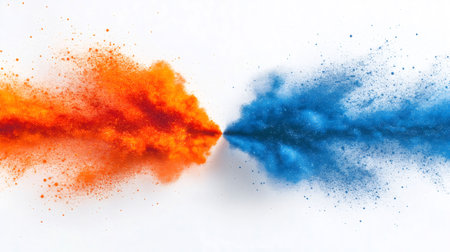 Orange and blue powder colliding on white background, creating a vibrant explosion of color and textureの素材