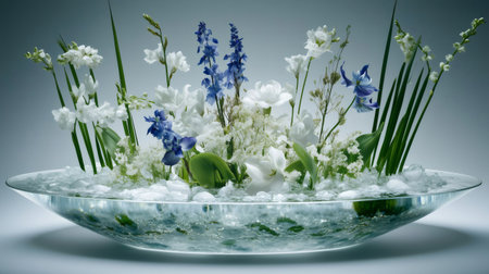 Beautiful aquatic ikebana flower arrangement featuring blue and white flowers and green leaves emerging from a bed of ice in a glass bowlの素材