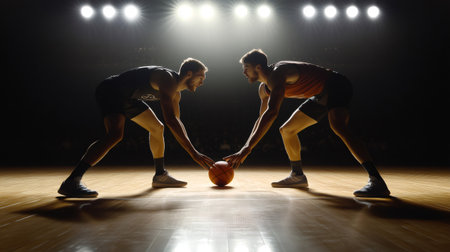 Two basketball players are ready to start a match in a large indoor courtの素材
