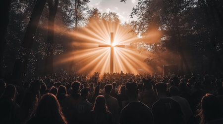 Large group attending an outdoor religious service with a glowing cross at sunriseの素材