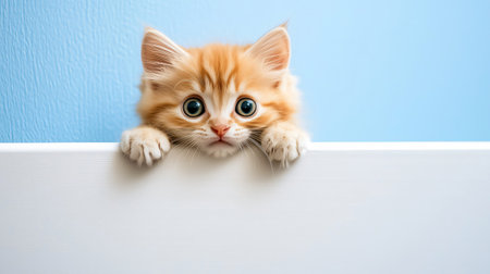 Adorable ginger kitten peeking over a white surface against a blue background, creating a heartwarming and playful sceneの素材