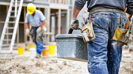 Construction worker carrying toolbox on site with coworker working in backgroundの素材