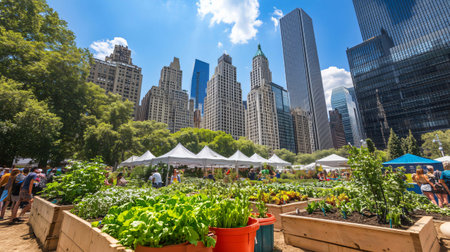 People gathering at a community garden event surrounded by the urban architecture of a big city on a sunny dayの素材