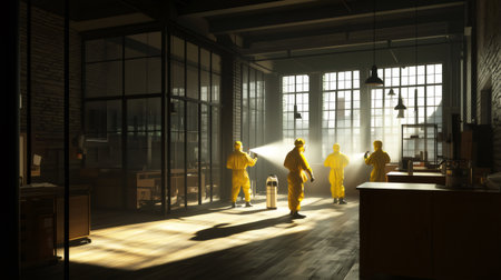 Team of scientists in yellow hazmat suits disinfecting a modern office using sprayers and disinfectant liquidの素材