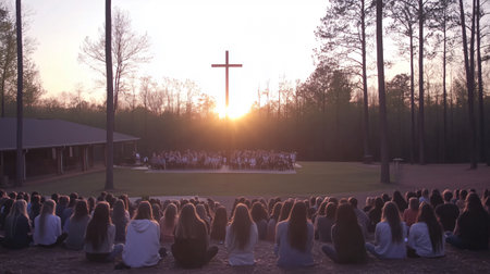 Large group is attending an outdoor sunrise service with a cross silhouetteの素材